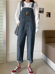 Embroidered Pocket Denim Overall Jeans