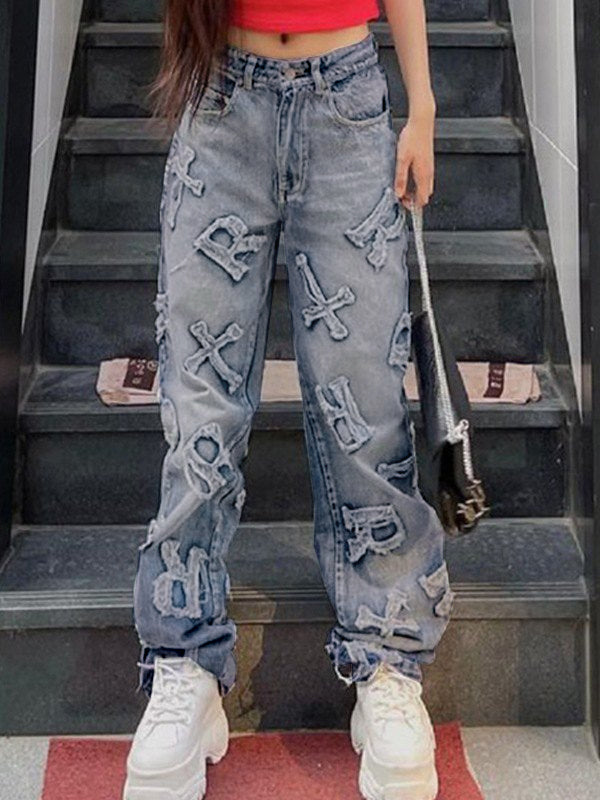 Letter Patch Faded Boyfriend Jeans