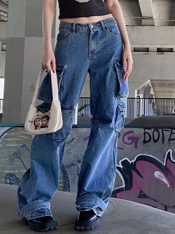 Vintage Wash Pocket Baggy Cargo Jeans