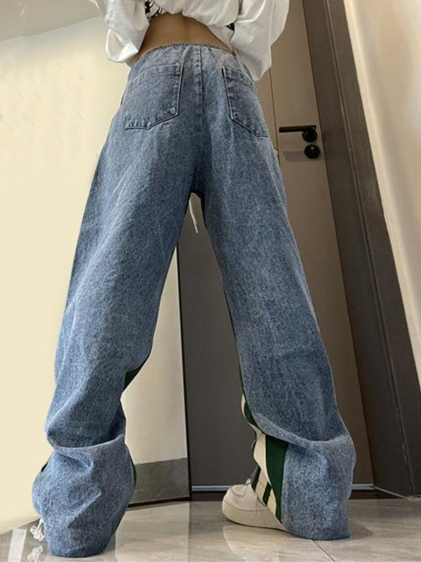 Baggy Boyfriendjeans mit Patchwork-Streifen