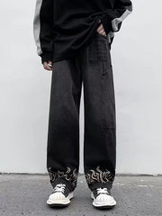 Men's Flame Embroidery Patched Straight Leg Jeans