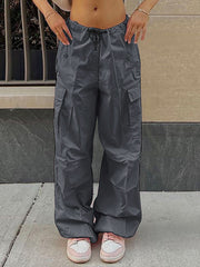 Graue Y2K Baggy Cargohose mit Kordelzug