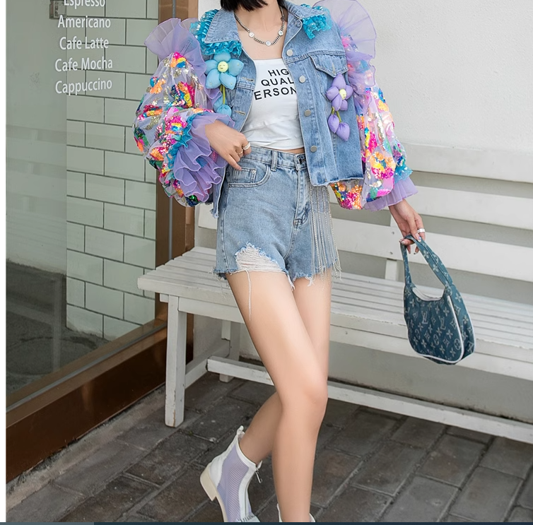 Chic Blue Ruffled Tulle Embroideried Patchwork Denim Jacket