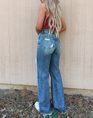 Blaue High Waist Distressed Bell Jeans