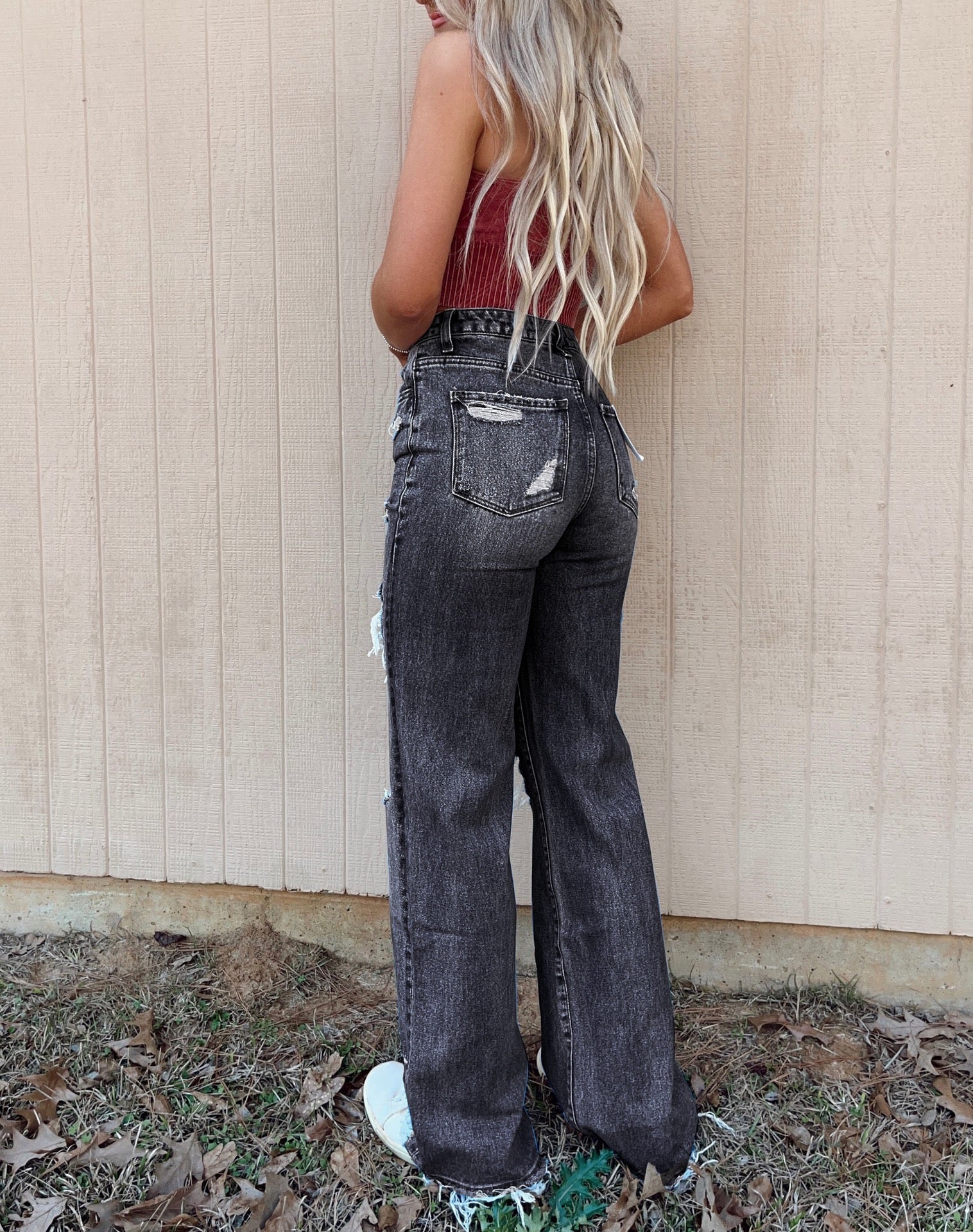 Blaue High Waist Distressed Bell Jeans