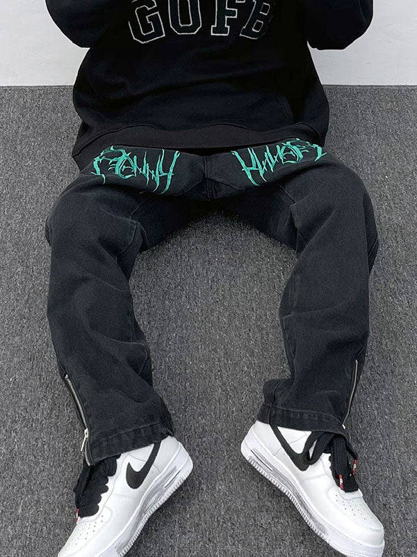 Men's Embroidered Print Zipper Jeans