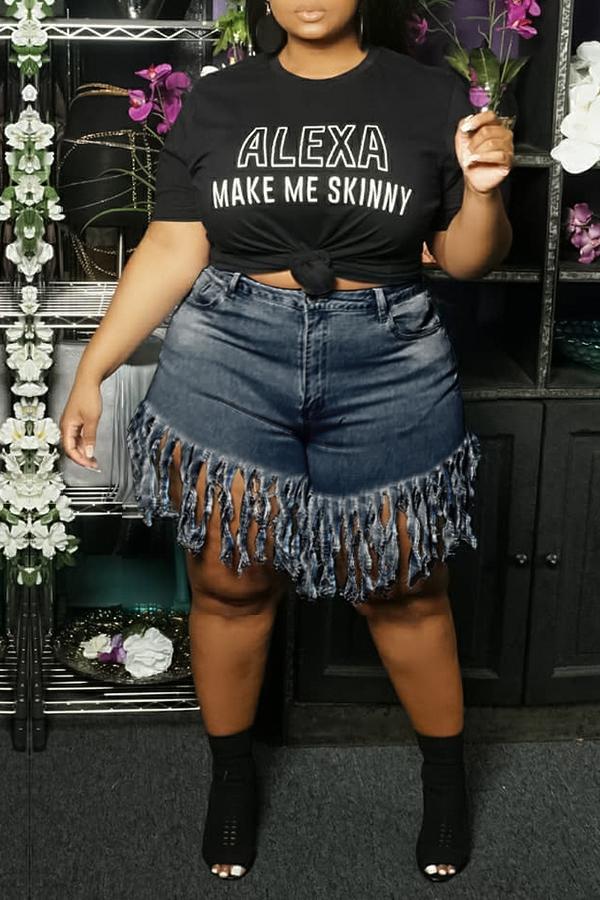 Fringed Brushed Casual Straight-leg Denim Shorts (Plus Size)