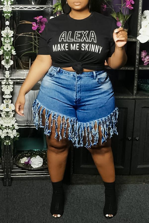 Fringed Brushed Casual Straight-leg Denim Shorts (Plus Size)