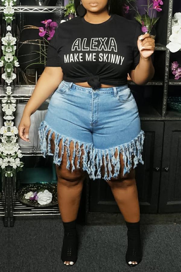 Fringed Brushed Casual Straight-leg Denim Shorts (Plus Size)