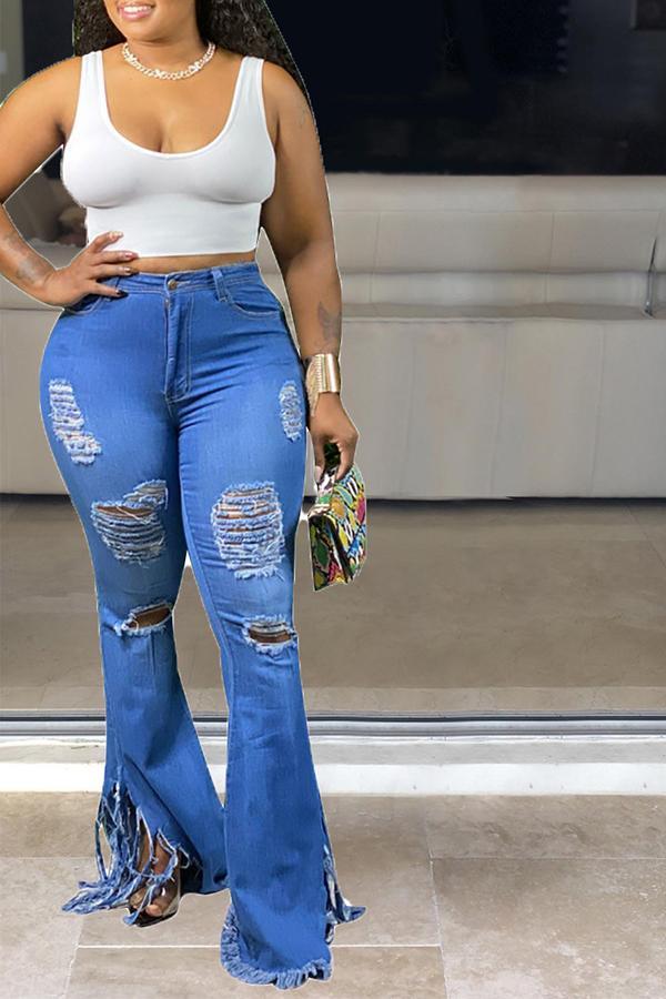 Fashion Mid Waist Tassel Ripped Bootcut Jeans