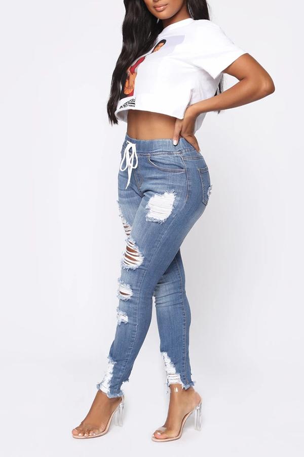 Casual High Rise Ripped Slim Fit Jeans