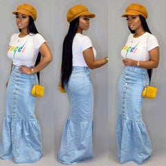 Slim Fit Light Blue High Waist Patchwork Ruffles Denim Skirts