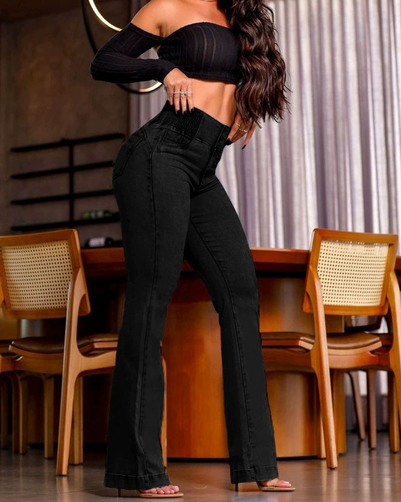 Elastic waist high waist stretch bootcut jeans