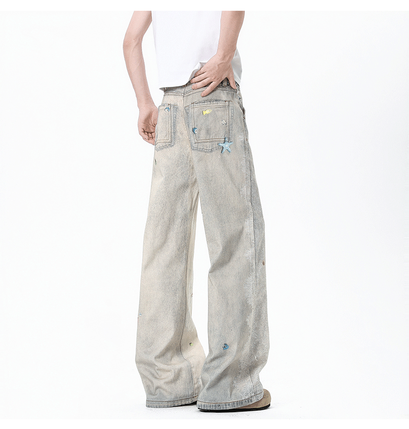 Ink-splattered straight-leg wide-leg trousers