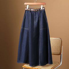 Dark Blue Denim Skirt Elastic Waist Button