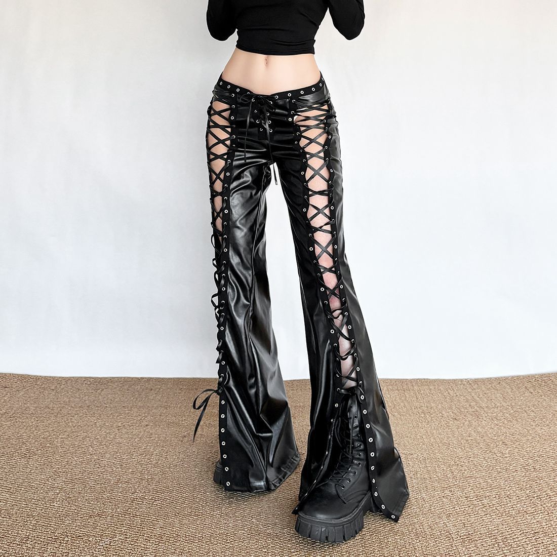 Vintage Black PU Leather Pants with Cutout Detail