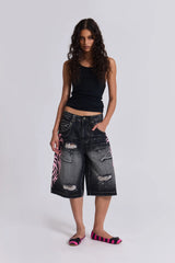 Retro pattern printed washed ripped denim capri pants