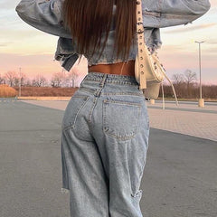 Modern Light Blue Elastic Waist Oversized Denim Pants