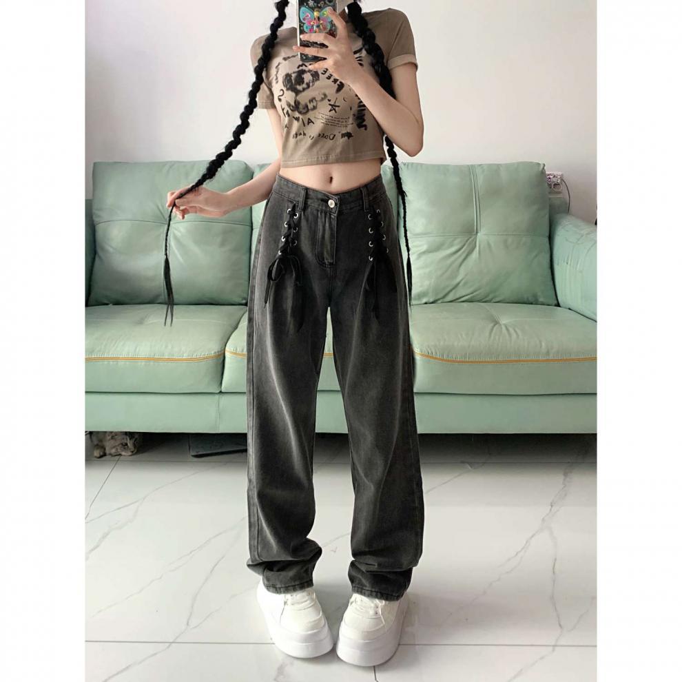 Wide-leg loose straight-leg pants with tie-back design