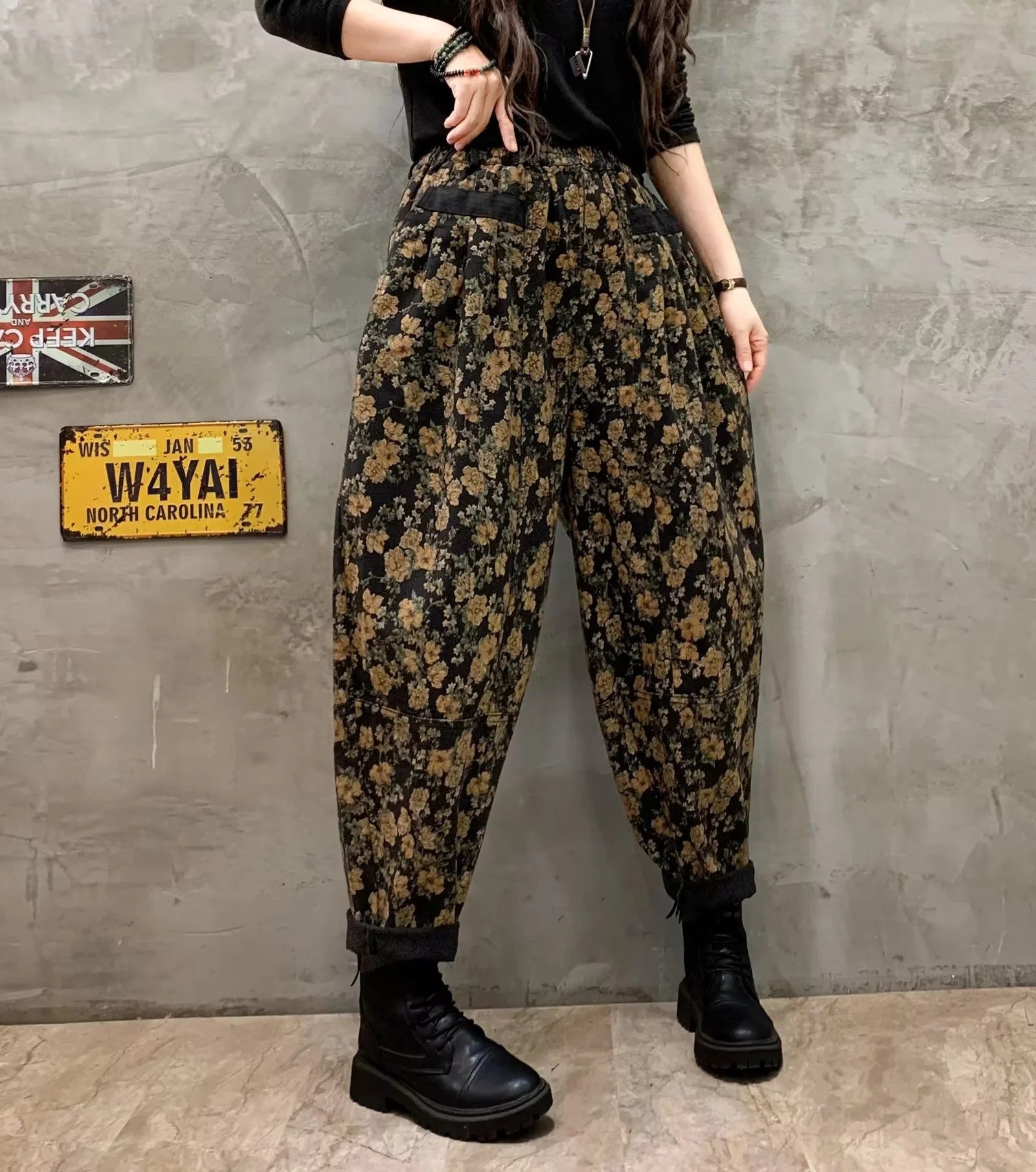 Stylish Black Cinched Print Loose denim Pants Trousers Winter