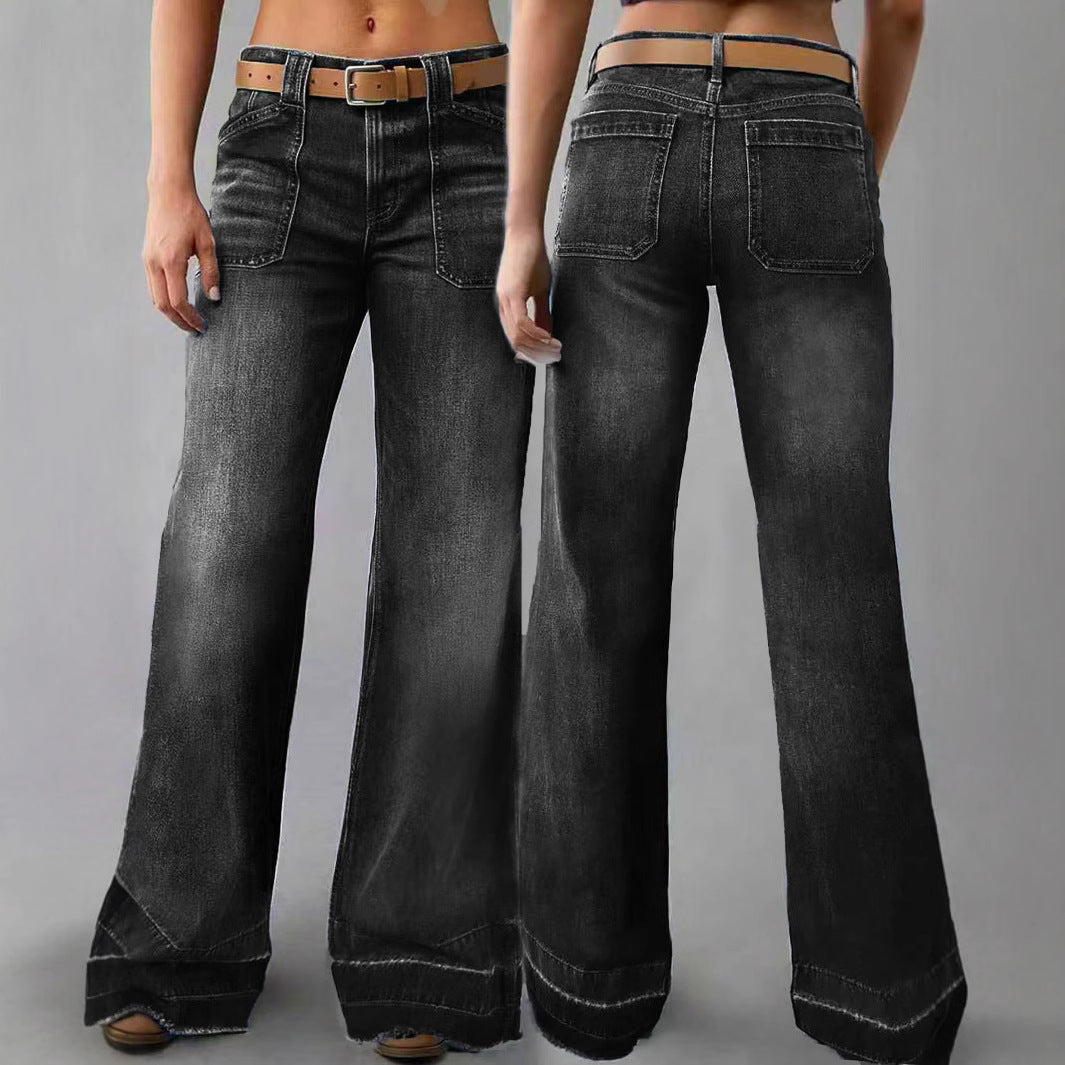 Washed Slightly Flared Patchwork Denim Trousers