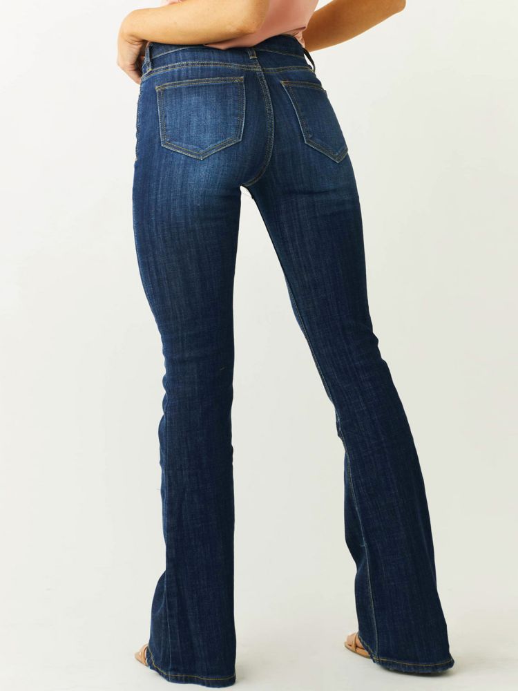 Blue Wash Distressed Stretch Flare Jeans