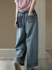 Denim Drawstring Pocket Wide Leg Jeans