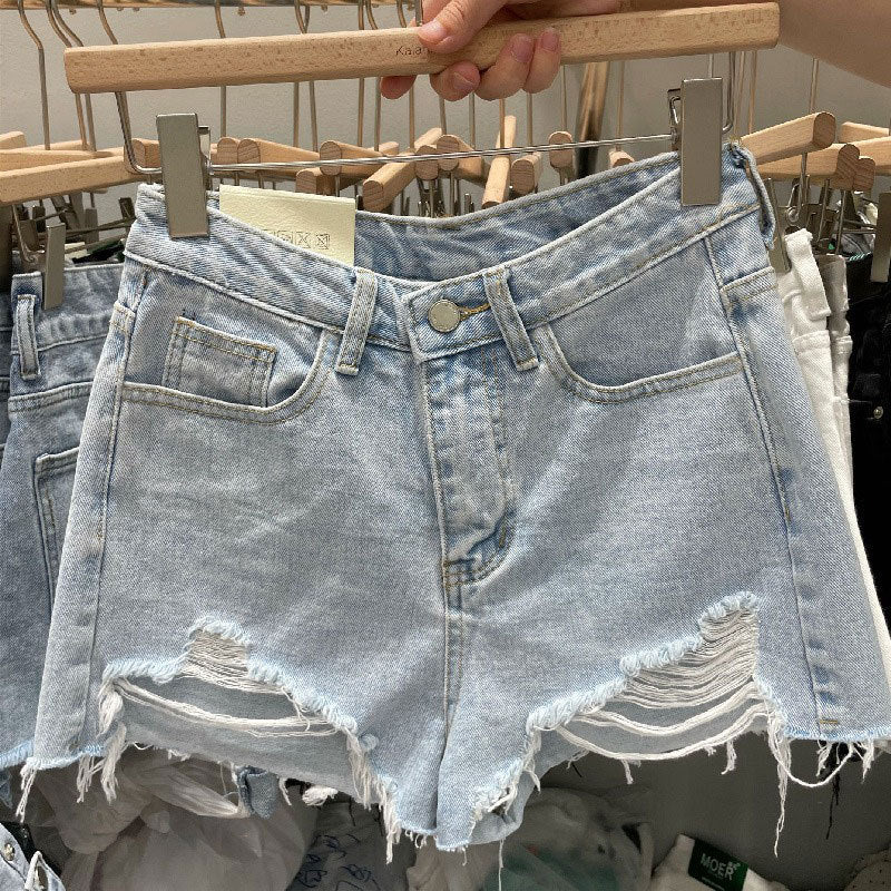 Streetwear beach distressed denim shorts  - Light Blue