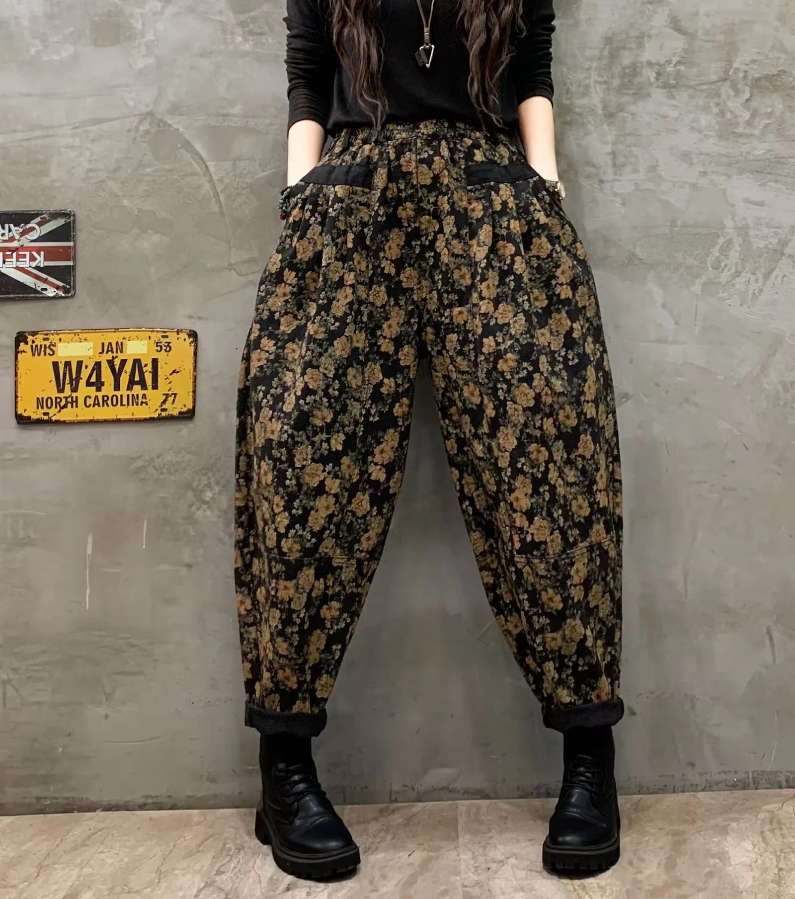 Pantalones vaqueros holgados con estampado ceñido negro elegante para invierno