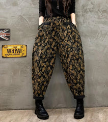 Stylish Black Cinched Print Loose denim Pants Trousers Winter