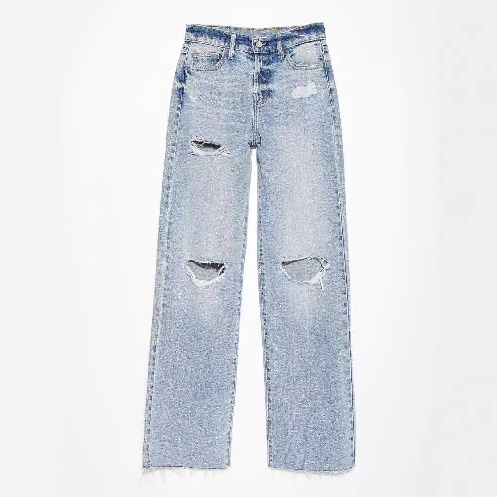 Sky Blue Light Wash Frayed Slim Fit High Waist Jeans