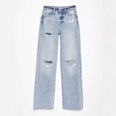 Sky Blue Light Wash Frayed Slim Fit High Waist Jeans
