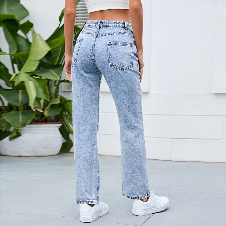 Washed Mid-Waist Ripped Jeans And Trousers