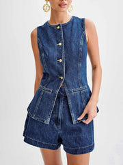 Spring And Summer Casual Sleeveless High-Waisted Denim Set