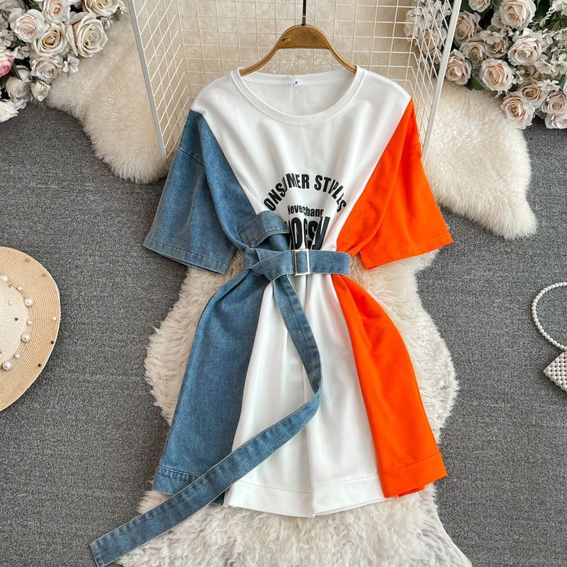 Vestido vaquero de patchwork naranja con hombros descubiertos