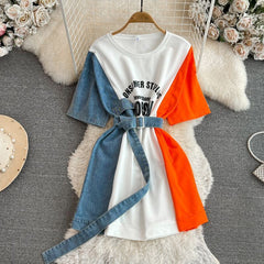 Vestido vaquero de patchwork naranja con hombros descubiertos