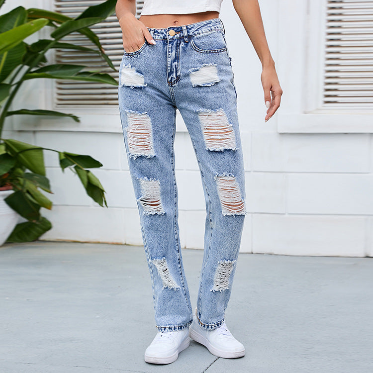 Washed Mid-Waist Ripped Jeans And Trousers