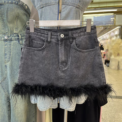 Feather-trimmed mini denim skirt