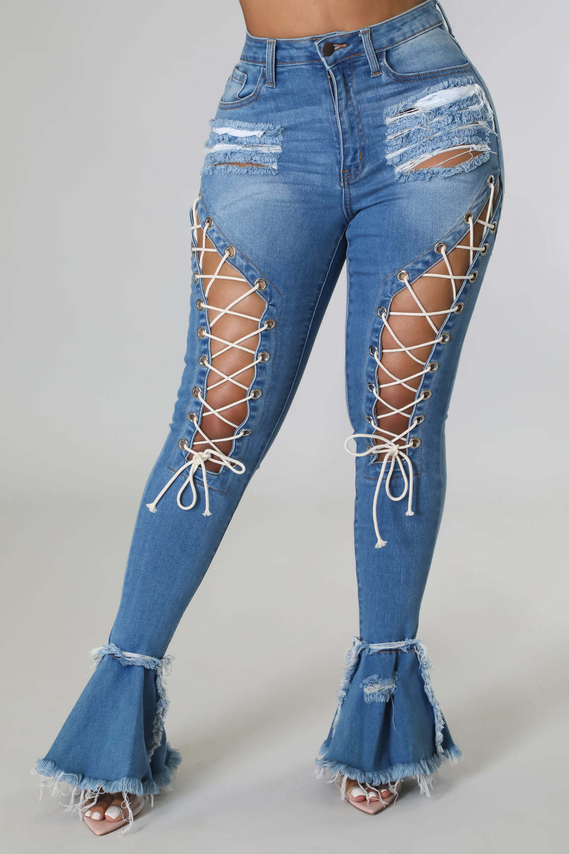 High Rise Lace Up Washed Denim Jeans