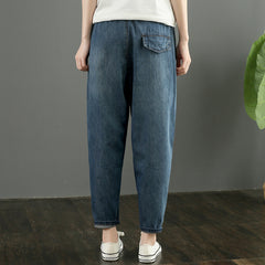 Style Blue elastic waist Pockets Cotton Denim harem Pants