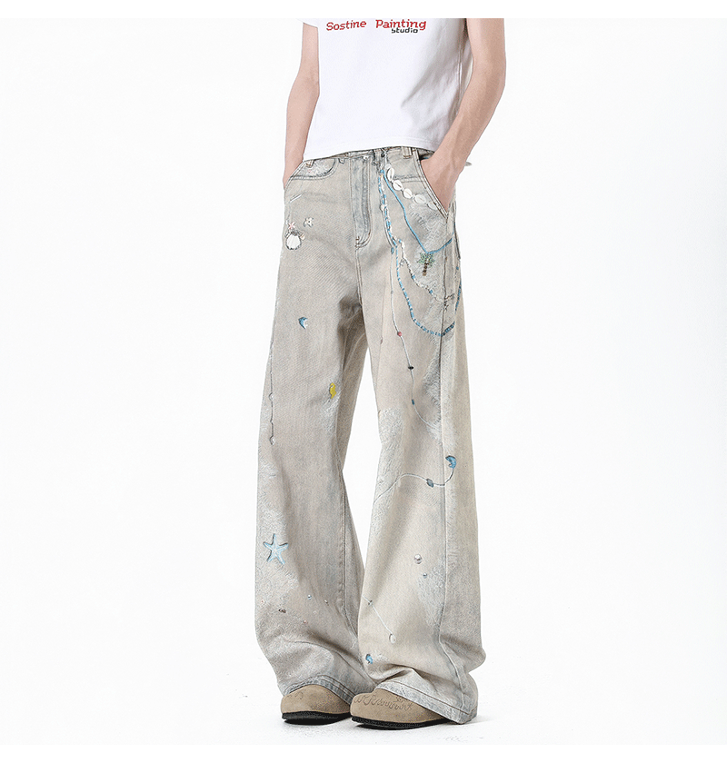 Ink-splattered straight-leg wide-leg trousers