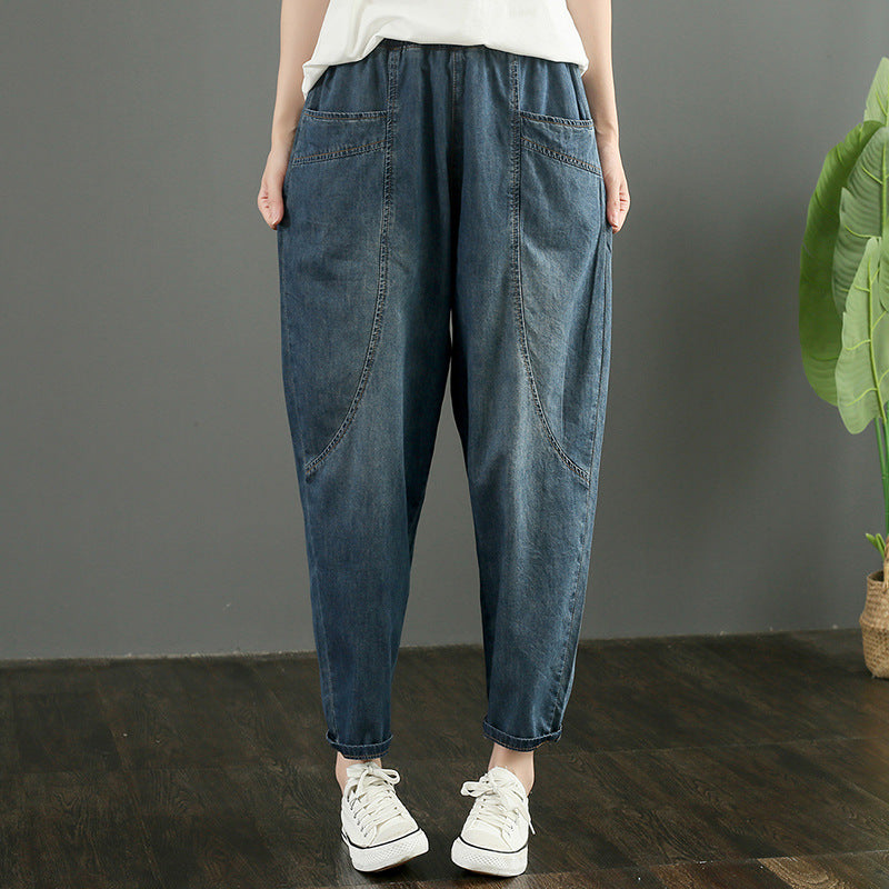 Style Blue elastic waist Pockets Cotton Denim harem Pants