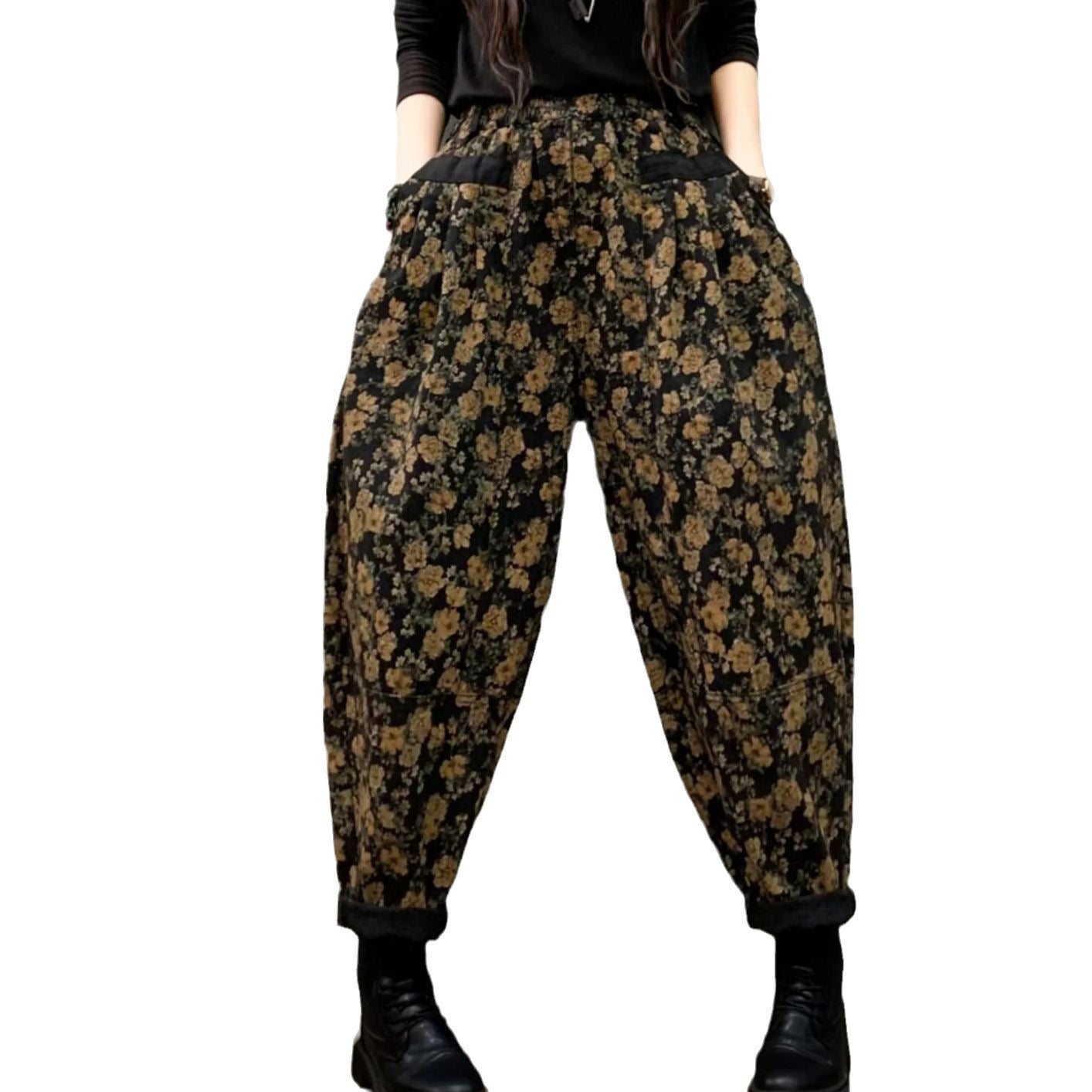 Stilvolle Schwarze Cinched Print Lose Jeanshose Winterhose