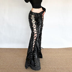 Vintage Black PU Leather Pants with Cutout Detail