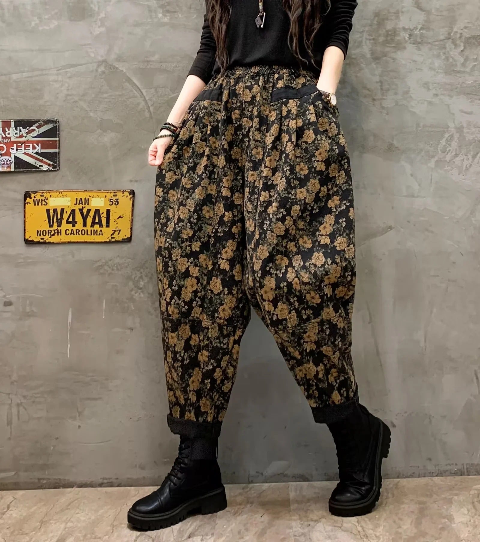 Stylish Black Cinched Print Loose denim Pants Trousers Winter