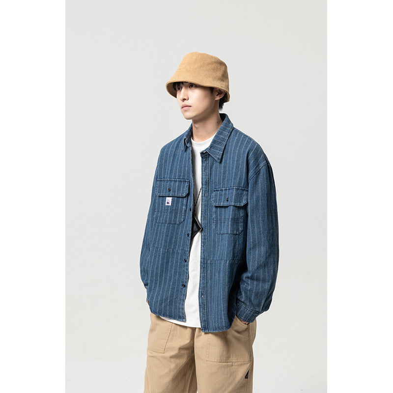 Vertical-stripes street jean jacket for men