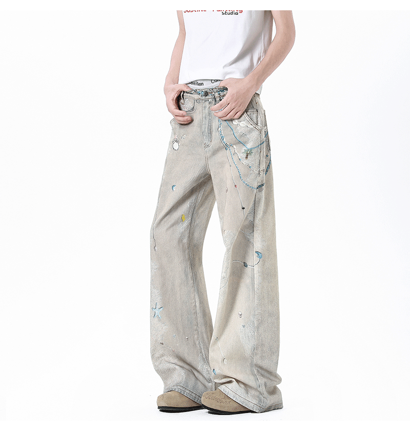 Ink-splattered straight-leg wide-leg trousers