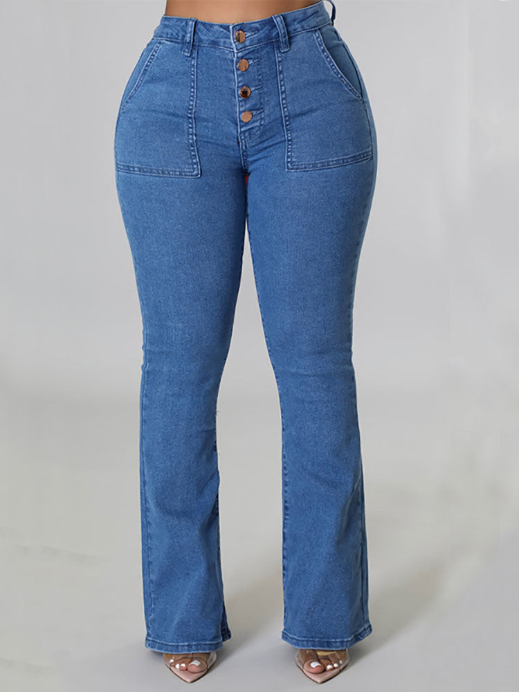 High Waist Buttons Flared Jeans