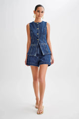 Spring And Summer Casual Sleeveless High-Waisted Denim Set
