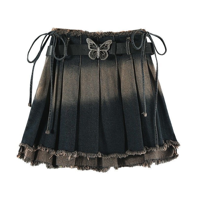 Contrast waistband pleated denim skirt